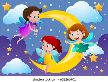 Three fairies flying over the moon illustration