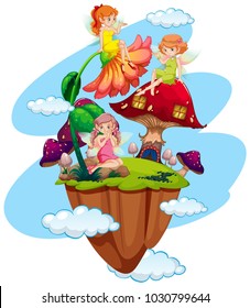 Three fairies and mushroom house illustration