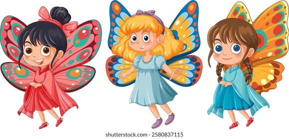 Three fairies with vibrant wings and joyful expressions