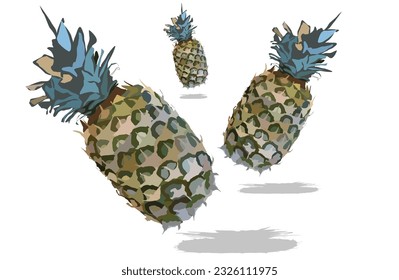 Three falling tropical pineapple isolated on white background