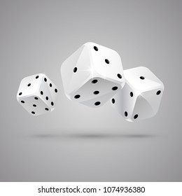 Three falling white game dices on grey background. Casino gambling. Table craps