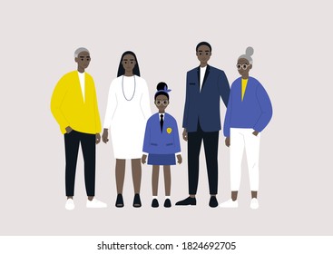 Three family generations seniors, adults and kids, black characters gathered together, great parents, parents and children