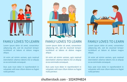 Three family loves to learn and sports posters vector illustration isolated on bright blue backdrops, text sample, studying and playing chess children