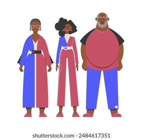 Three family members: a mother, father, and daughter. They are all standing together, showcasing a strong family bond. Perfect for concepts related to family, unity, and support. Vector flat.