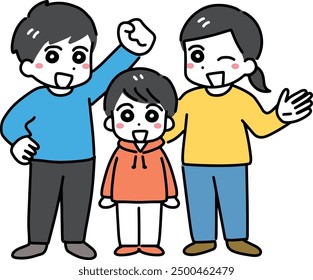 Three family members smiling and waving