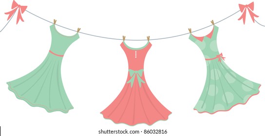 Three fancy dresses hang on a clothesline.