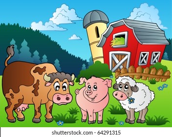 Three farm animals near barn - vector illustration.