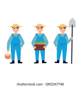 tres personajes de campesino y una colección de varias poses. Ilustración vectorial de estilo plano aislada en fondo blanco.
