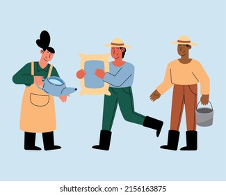 tres agricultores que trabajan en avatares