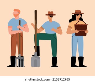three farmers working characters group