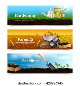 Three farming horizontal banners with gardening tools and materials for planting at village landscape background vector illustration