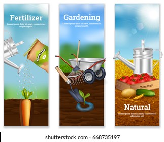 Three farming vertical banners with fertilizer advertising agriculture tools and natural vegetable production in realistic style vector illustration