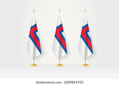 Three Faroe Islands flags in a row on a golden stand, illustration of press conference and other meetings. Vector illustration.