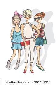 Three Fashion Girls, Eps 10 Vector Illustration