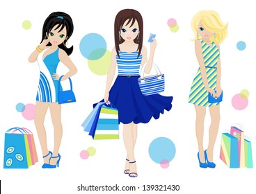 three fashion girls with shopping bags