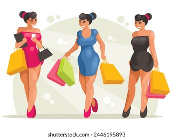 Three fashion happy women in beautiful dresses with shopping bags. Vector graphics