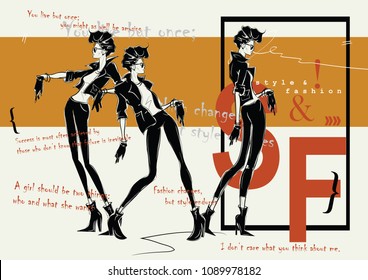 Three fashion women in sketch style. Vector illustration.