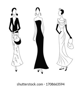 Three fashion women. Vector black and white silhouette image.
