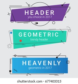 Three fashionable geometric banners. Trend colored, transparent banners 2017. Colors - purple, mint, blue and blue.