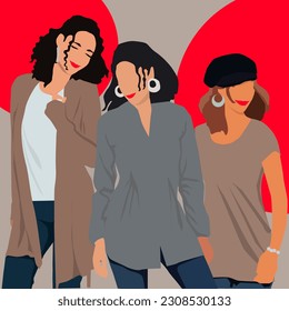 Three fashionable girls in a dynamic pose