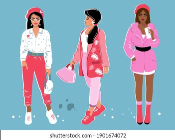 Three fashionable girls on a blue background. Vector flat style illustration. Fashion portraits