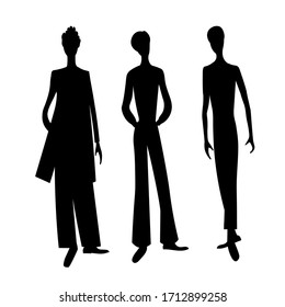 Three fashionable male models. Vector silhouette image set.