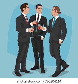 Three fashionable men in black business suits drink cocktails or red wine. Mens party concept. Simplified realistic comic art style. Vector illustration