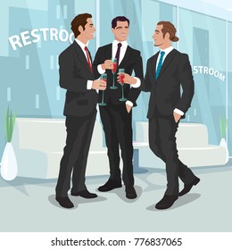 Three fashionable men in black business suits drink cocktails or red wine in office restroom. Mens party concept. Simplified realistic comic art style. Vector illustration