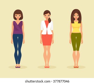 Three fashionable women in modern casual clothing