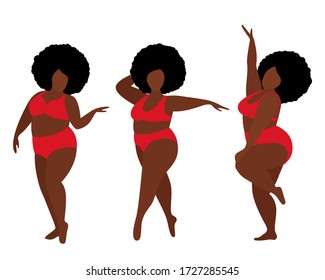 Three fat black African women in red underwear are dancing. The concept of body positivity and love for your body. Vector stock flat illustration isolated on a white background.