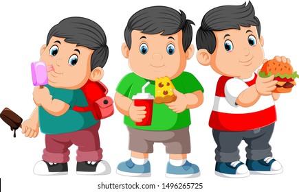 Three fat Boy eating fast food	
