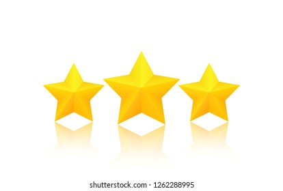 Three fat golden stars with reflection. Excellent quality rating. Vector, isolated, eps10.