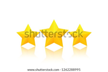 Three fat golden stars with reflection. Excellent quality rating. Vector, isolated, eps10.