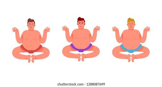 Three fat men sit in the lotus position. A set of fat men in a meditative pose. Vector illustration in cartoon style.