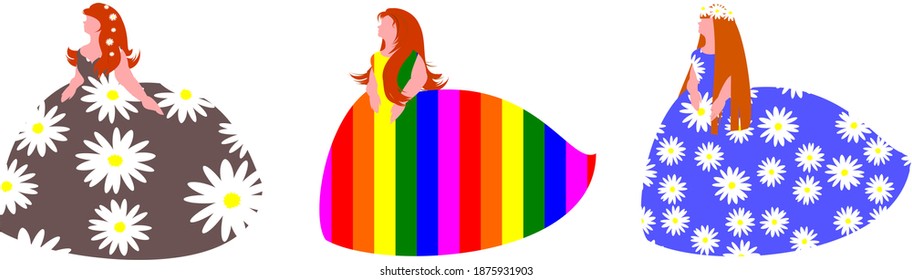 Three fat women with long red hair show off a variety of outfits. on the head of one of the women is a wreath of daisies.
