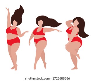 Three fat women in red underwear are dancing. The concept of body positivity and love for your body. Vector stock flat illustration isolated on a white background.