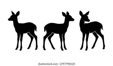 Three Fawn Deer Silhouettes In Black Against A White Background Silhouette doe young wildlife animal