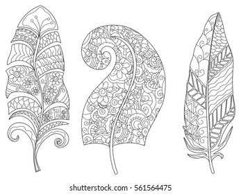 three feathers coloring book for adults vector illustration. Anti-stress coloring for adult. Zentangle style. Black and white lines. Lace pattern feline