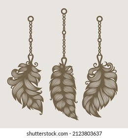 Three feathers on chains. Golden beautiful pendant decoration, keychain in ethno style. Template for plotter laser cutting of paper, metal engraving, wood carving, printing, cnc. Vector illustration.