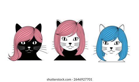 Três amigos felinos apresentando cores de cabelo distintas e olhos expressivos