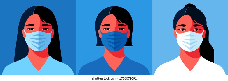 Three female avatars. Young asian woman in medical face mask. Concept of coronavirus quarantine. Vector illustration