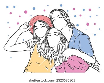 Three female best friends are laughing and enjoying together hand-drawn vector illustration 