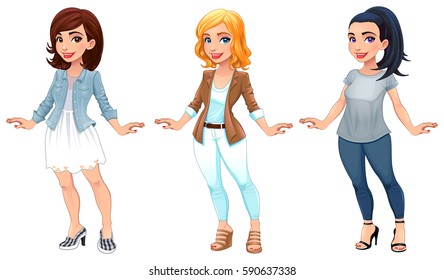 Three female cartoon characters. Vector illustration, isolated items