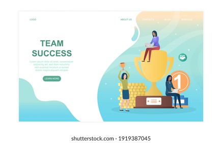 Three female characters are enjoying team success together. Concept of analysis, brainstorm and teamwork. Website, web page, landing page template. Flat cartoon vector illustration
