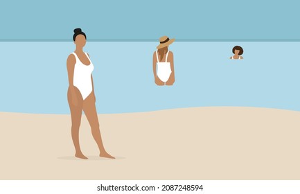 Three female characters on the beach