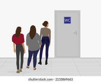 Three female characters stand in line for the toilet indoors