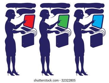 three female computer experts with red green and blue screens