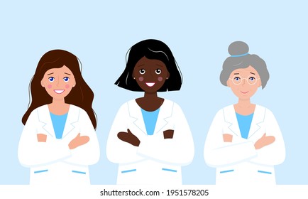 Three female doctors of different nationalities. Young and old European women and young African American. Flat illustration