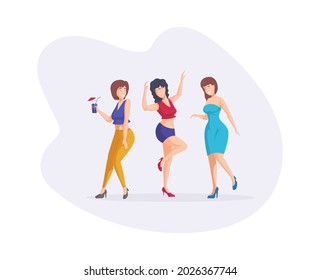 Three female friends dancing at party. Smiling woman relaxing with cocktails at nightclub together. Cheerful people enjoying disco entertainment at dance floor event entertainment cartoon vector