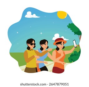Three female friends enjoying their free time. Taking a walk and taking selfies together on a hot day.